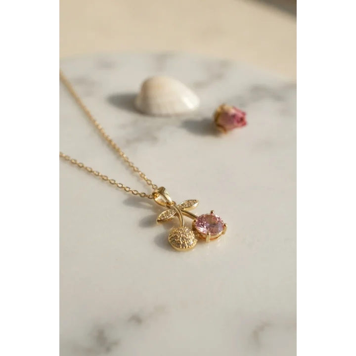 Mey İthalat® 316L Çelik Zincir Gold Renk Pembe Kiraz Model Kolye