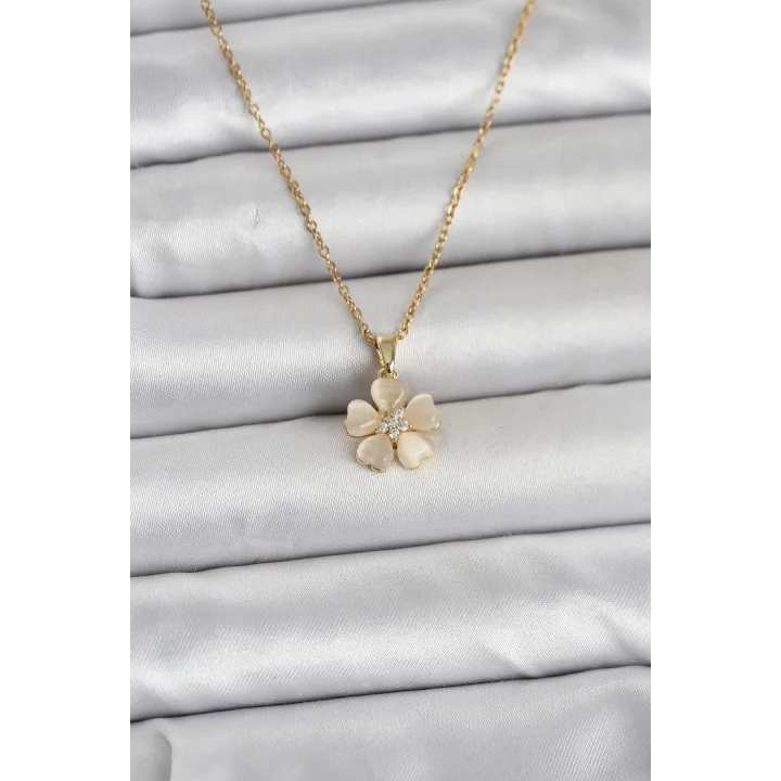 Mey İthalat® 316L Çelik Zincir Gold Renk Yonca Model Kadın Kolye