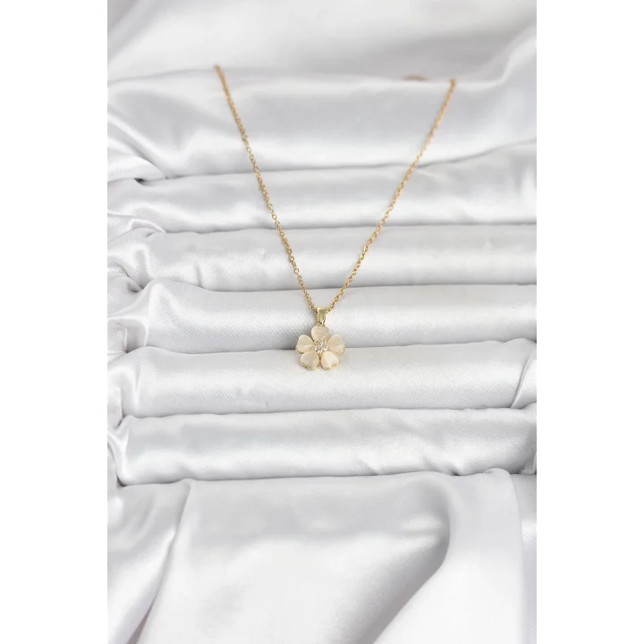 Mey İthalat® 316L Çelik Zincir Gold Renk Yonca Model Kadın Kolye