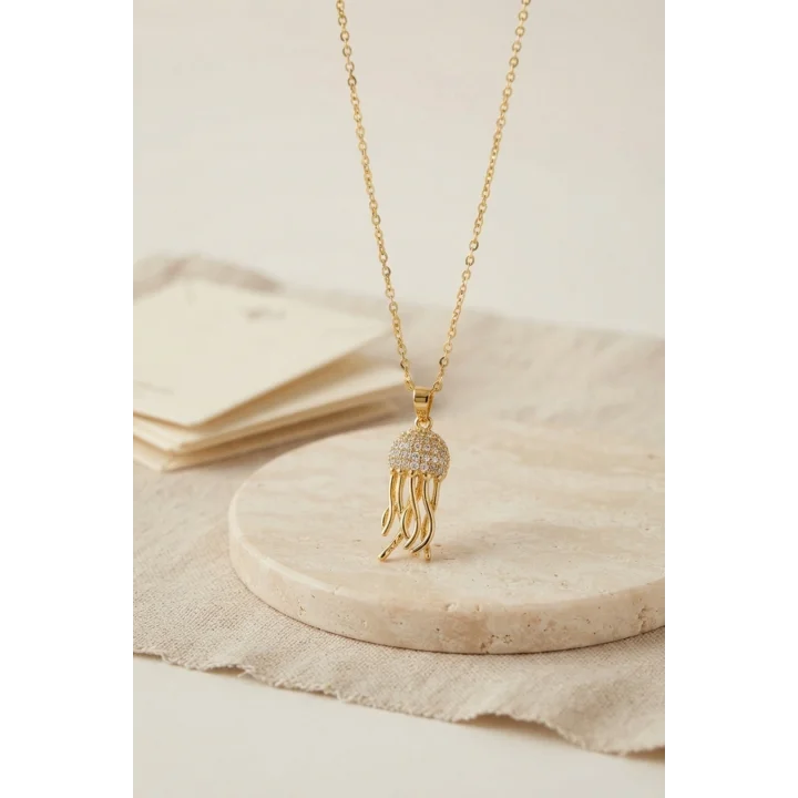 Mey İthalat® 316L Çelik Zincir Gold Renk Zirkon Taşlı Jellyfish Model Kolye
