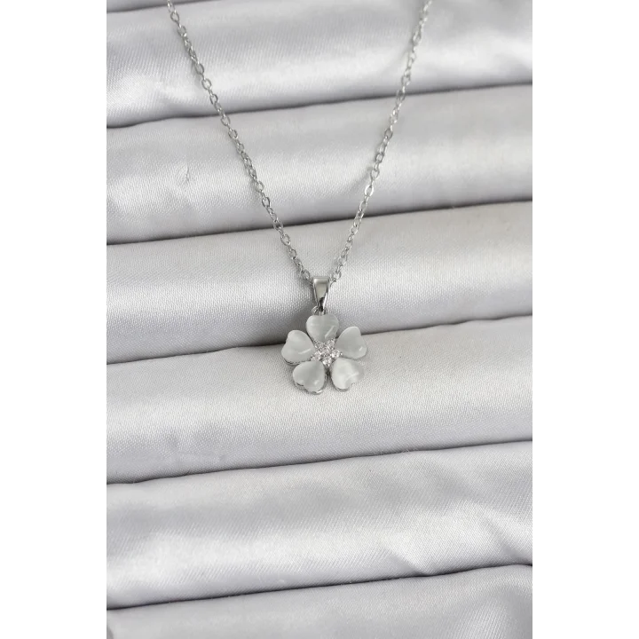 Mey İthalat® 316L Çelik Zincir Gümüş Renk Yonca Model Kadın Kolye