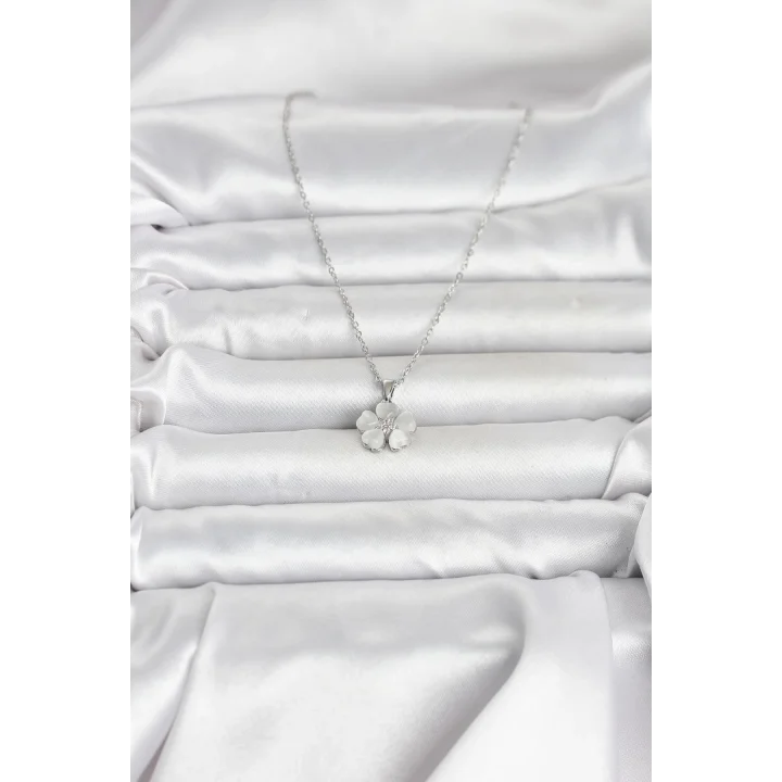 Mey İthalat® 316L Çelik Zincir Gümüş Renk Yonca Model Kadın Kolye