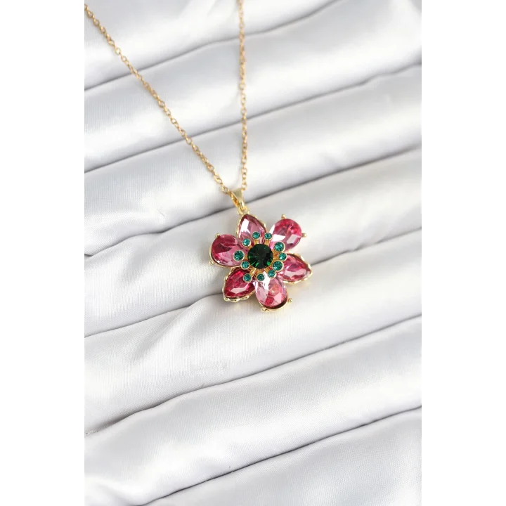 Mey İthalat® 316L Çelik Zincirli Pembe Çiçek Model Kadın Kolye