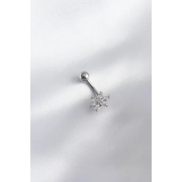 Mey İthalat® 316L Cerrahi Çelik Gümüş Renk Zirkon Taşlı Çiçek Model Kadın Göbek Piercing