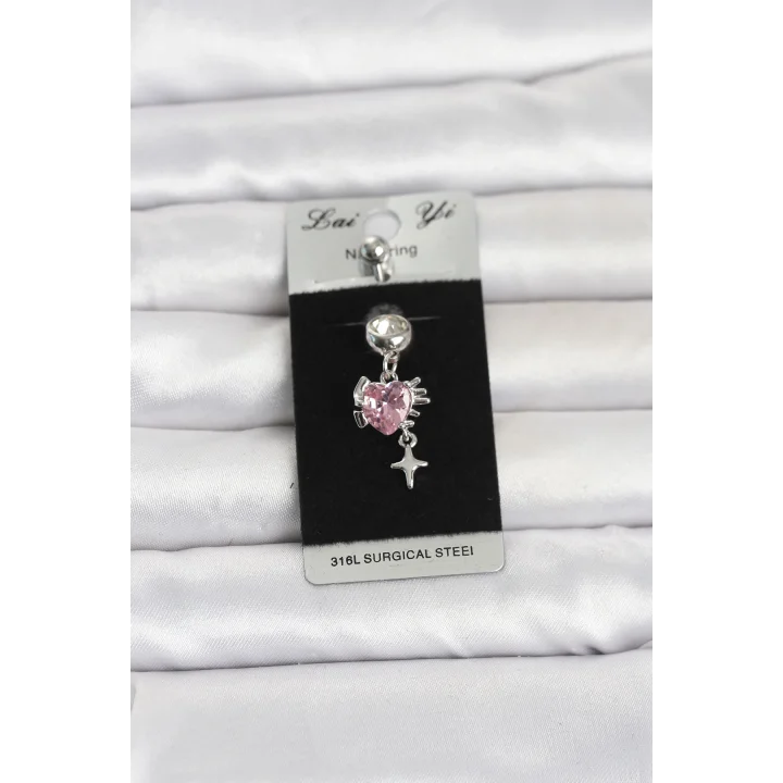 Mey İthalat® 316L Cerrahi Çelik Pembe Zirkon Taşlı Model Göbek Piercing