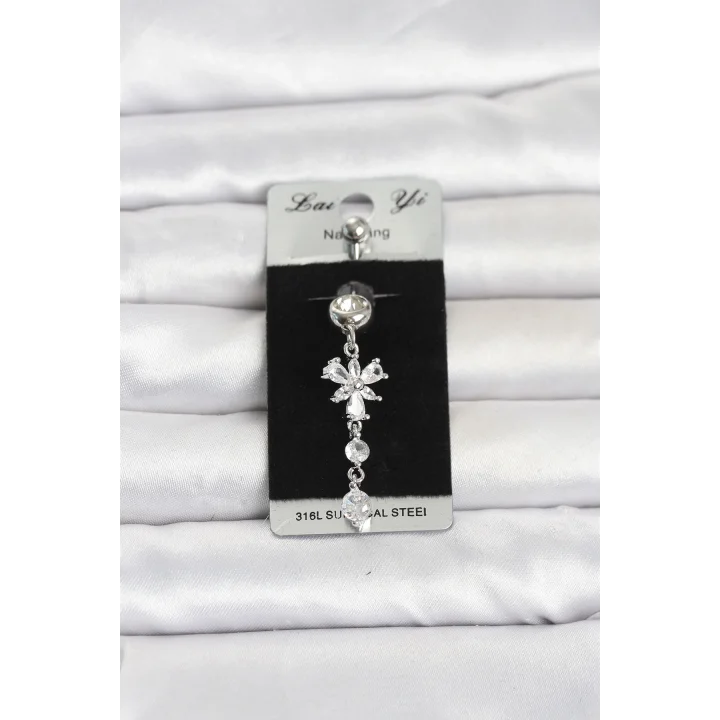 Mey İthalat® 316L Cerrahi Çelik Sallantılı Zirkon Taşlı Model Göbek Piercing