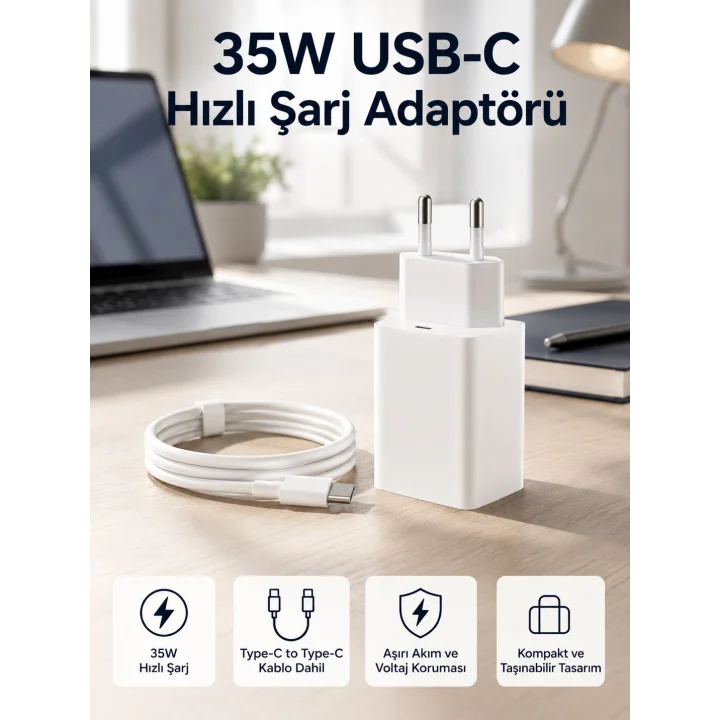 Mey İthalat® 35W USB-C Hızlı Şarj Adaptörü Type-C to C Kablo Seti