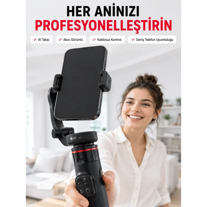 Mey İthalat® 360° AI Akıllı Takipli Selfie Stick Gimbal Stabilizatör Bluetooth Kumandalı Uzayabilir Telefon Tripodu