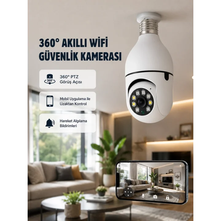 Mey İthalat® 360 Derece Dönebilen Akıllı Duylu Kamera – PTZ, Uzaktan Kontrol, Hareket Algılama