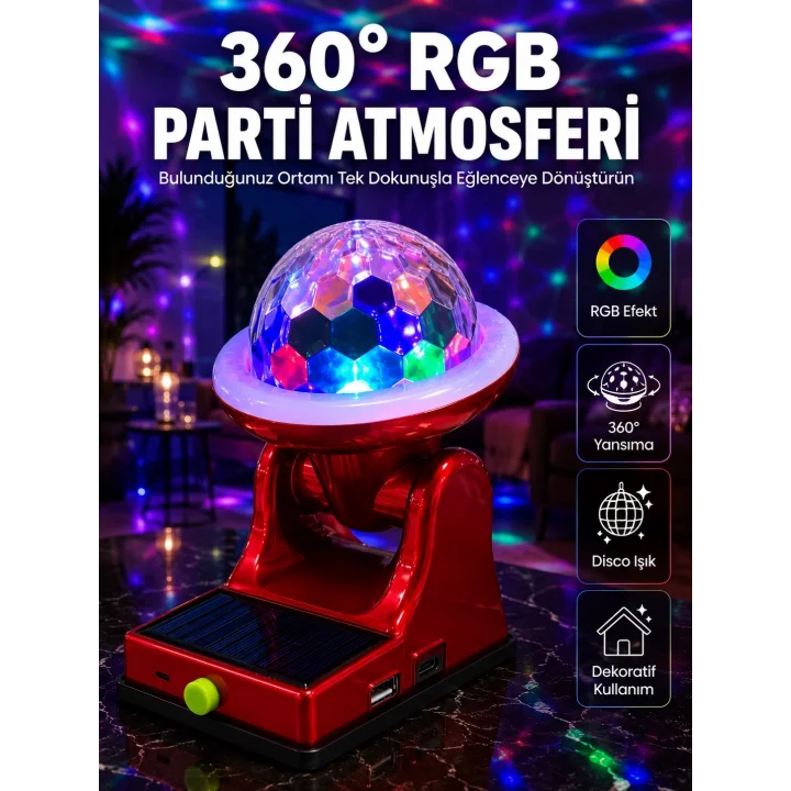 Mey İthalat® 360° RGB LED Disco Işığı Ayarlanabilir Başlıklı Güneş Enerjili Projektör Lamba