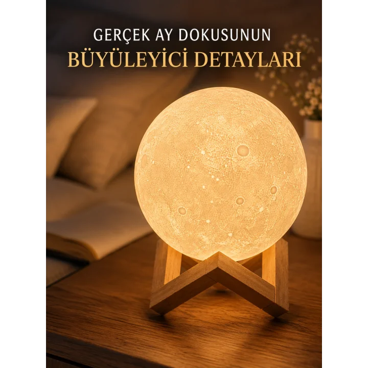 Mey İthalat® 3D Ay Gece Lambası Ahşap Standlı Dekoratif LED Masa Lambası