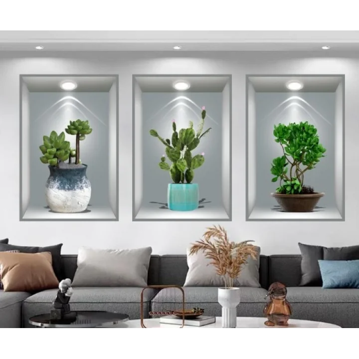 Mey İthalat® 3D Çiçek Vazo Duvar Sticker 3 lü Set GRİ Fon