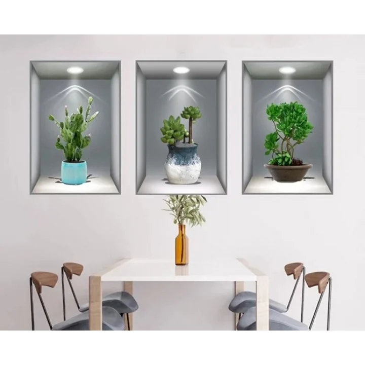 Mey İthalat® 3D Çiçek Vazo Duvar Sticker 3 lü Set GRİ Fon