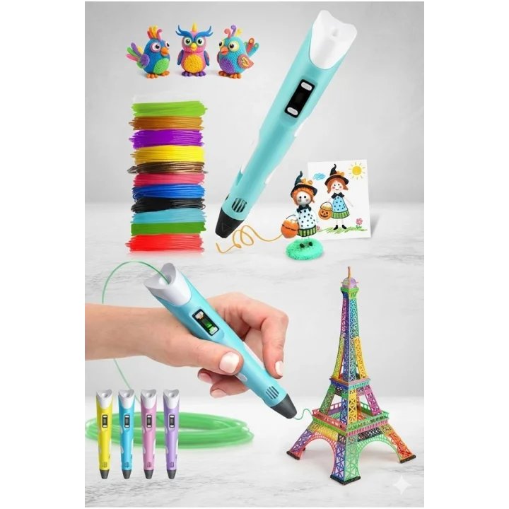 Mey İthalat® 3D Kalem Seti (PEMBEİ) Dijital Göstergeli + 3 Renk Filament Hediyeli Eğitici Yazıcı ABS/PLA Uyumlu