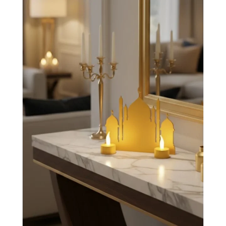 Mey İthalat® 3D Ramazan Cami Dekor 2 Mumlu Işıklı Masa Üstü Biblo