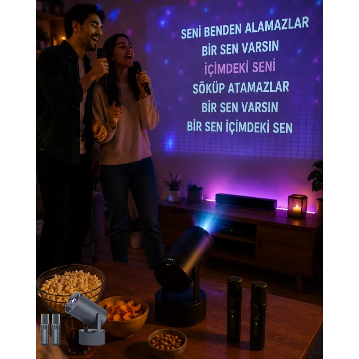 Mey İthalat® 3ü 1 Arada Karaoke ve Projeksiyon Sistemi Çift Mikrofon Destekli