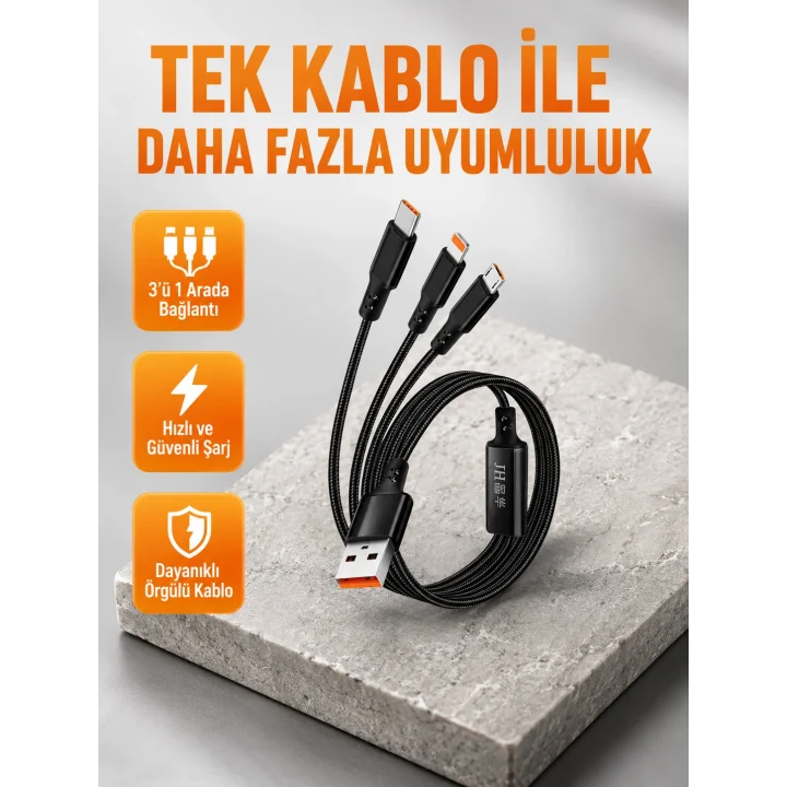 Mey İthalat® 3’ü 1 Arada Şarj Kablosu Type-C iOS Android Uyumlu Hızlı ve Güvenli Şarj