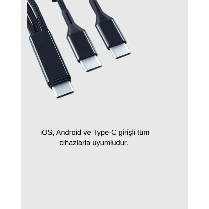 Mey İthalat® 3’ü 1 Arada Şarj Kablosu Type-C iOS Android Uyumlu Hızlı ve Güvenli Şarj