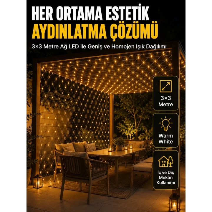 Mey İthalat® 3x3 Metre Ağ LED ile Bahçenize Sıcak ve Şık Aydınlatma