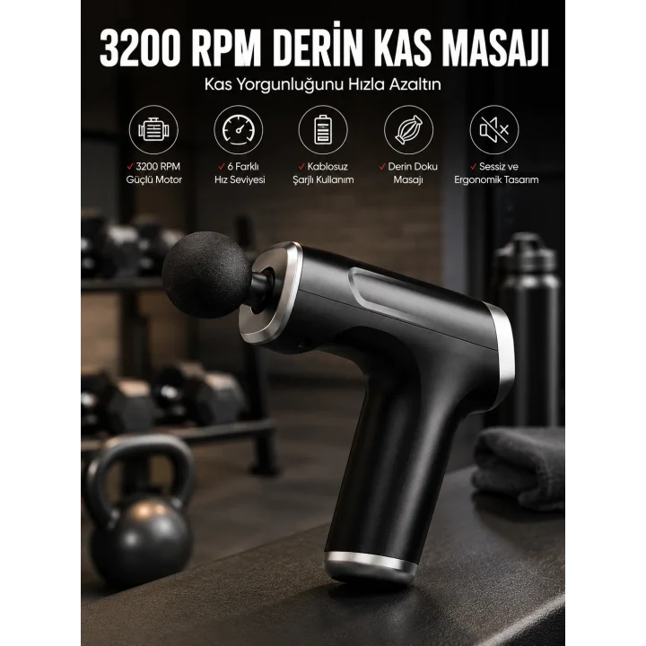 Mey İthalat® 4 Başlıklı Darbeli Şarjlı Masaj Aleti Tabancası Kablosuz
