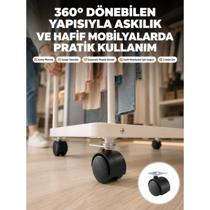 Mey İthalat® 4 cm Kilitsiz Tekerlek Ayak Seti Zemin Koruyucu