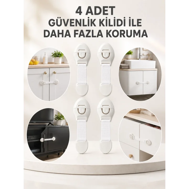 Mey İthalat® 4lü Esnek Kayışlı Çocuk Güvenlik Kilidi Pratik ve Güvenli Kullanım