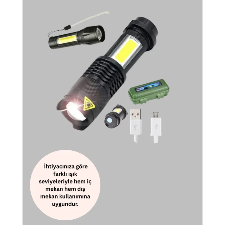 Mey İthalat® 4 Modlu USB Şarjlı LED El Feneri Kamp ve Outdoor