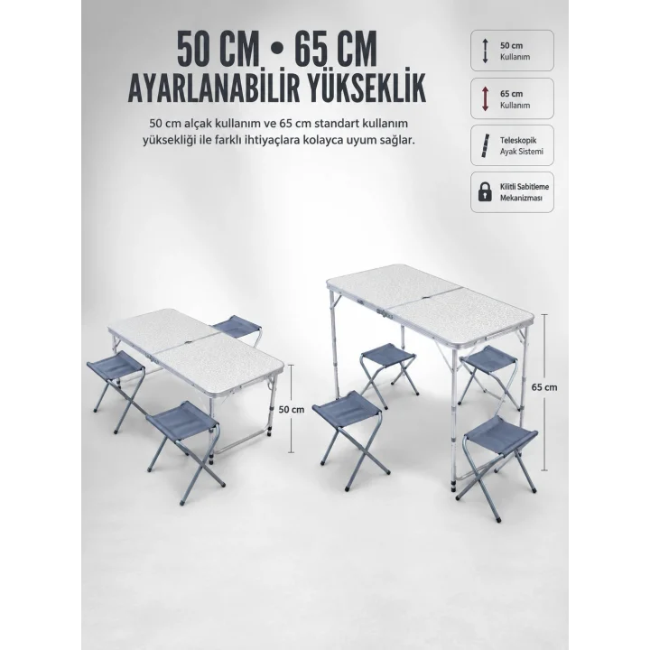 Mey İthalat® 4 Sandalyeli Katlanabilir Kamp Masası Portatif Bahçe Kamp ve Piknik Masa Seti
