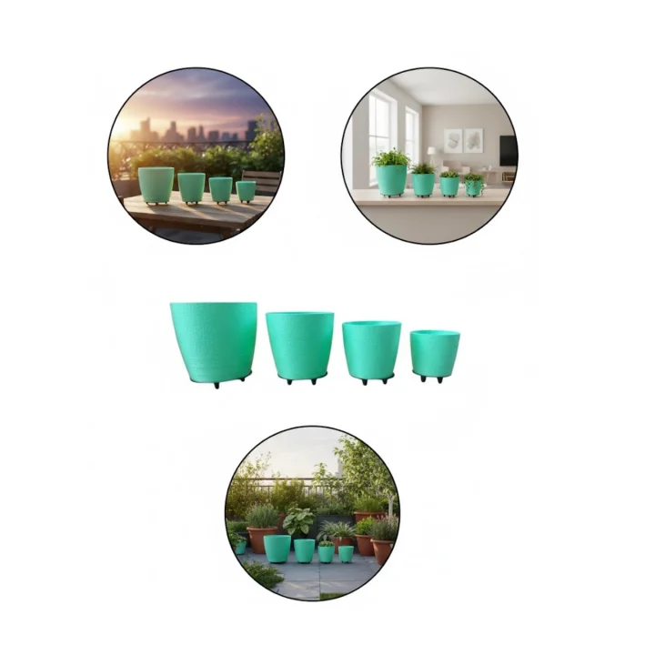 Mey İthalat® 4’lü 3D Ayaklı Yeşil Saksı Seti Dekoratif Modern Tasarım