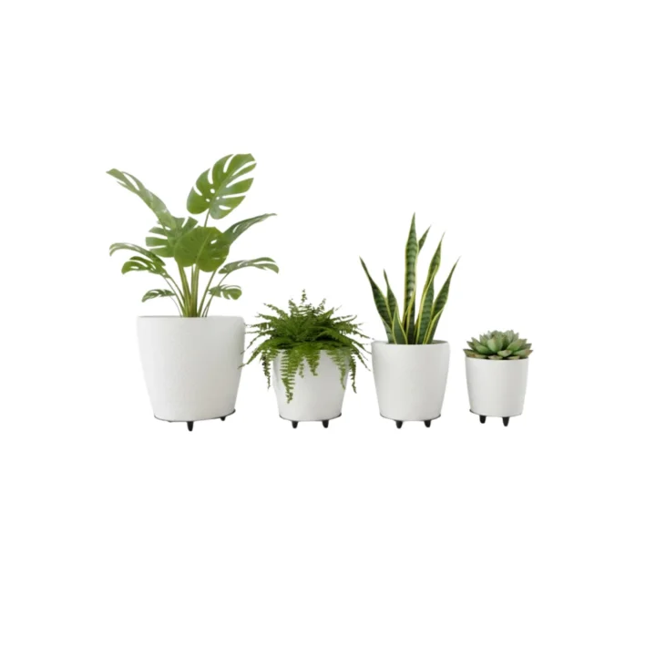 Mey İthalat® 4’lü 3D Beyaz Minimal Dekoratif Vazo Ayaklı Saksı Takımı