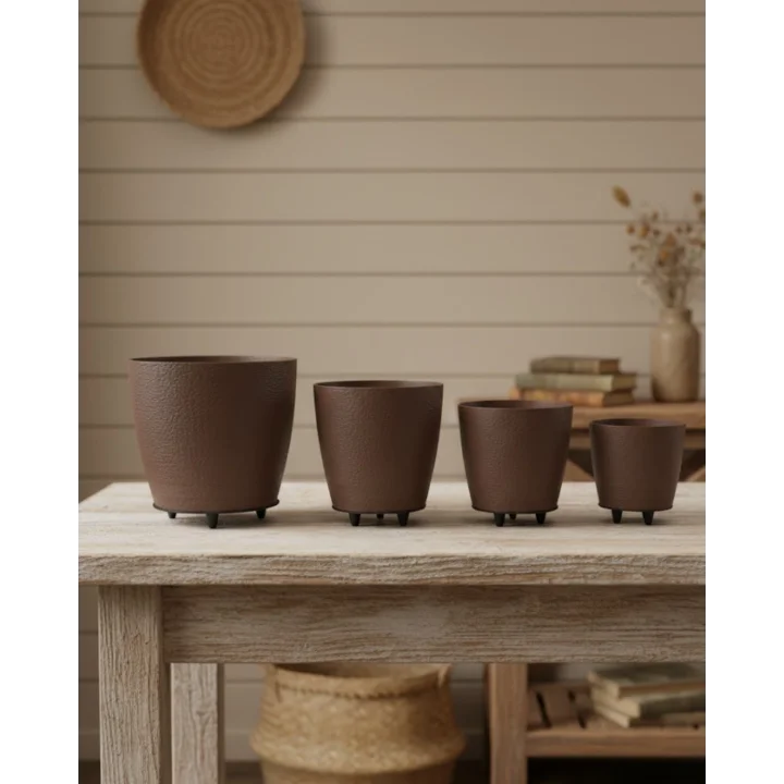 Mey İthalat® 4’lü 3D Şık Kahverengi Vazo Seti Modern Ayaklı Saksı