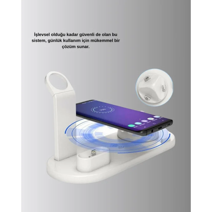 Mey İthalat® 4’lü Kablosuz Şarj Standı iPhone Watch ve AirPods Çoklu Şarjlı
