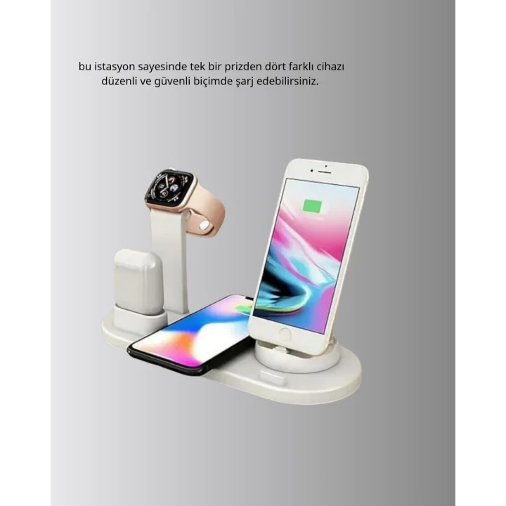 Mey İthalat® 4’lü Kablosuz Şarj Standı iPhone Watch ve AirPods Çoklu Şarjlı