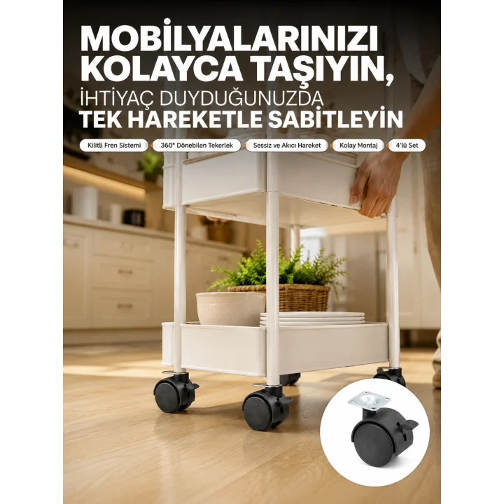 Mey İthalat® 4’lü Kilitli Tekerlek Ayak 4 cm Sessiz ve Dayanıklı