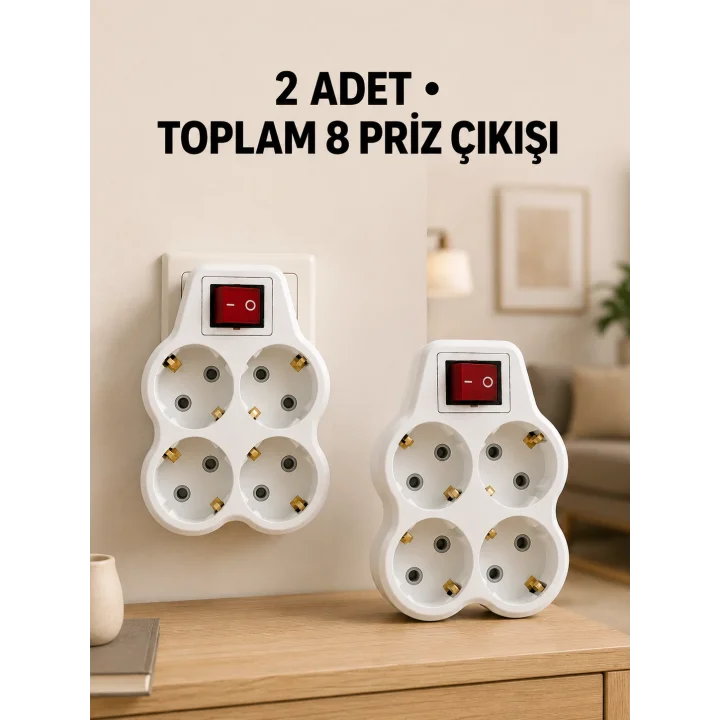Mey İthalat® 4’lü Priz Çoğaltıcı 2 Adet Set Kablosuz Duvar Tipi Anahtarlı Priz Çoklayıcı
