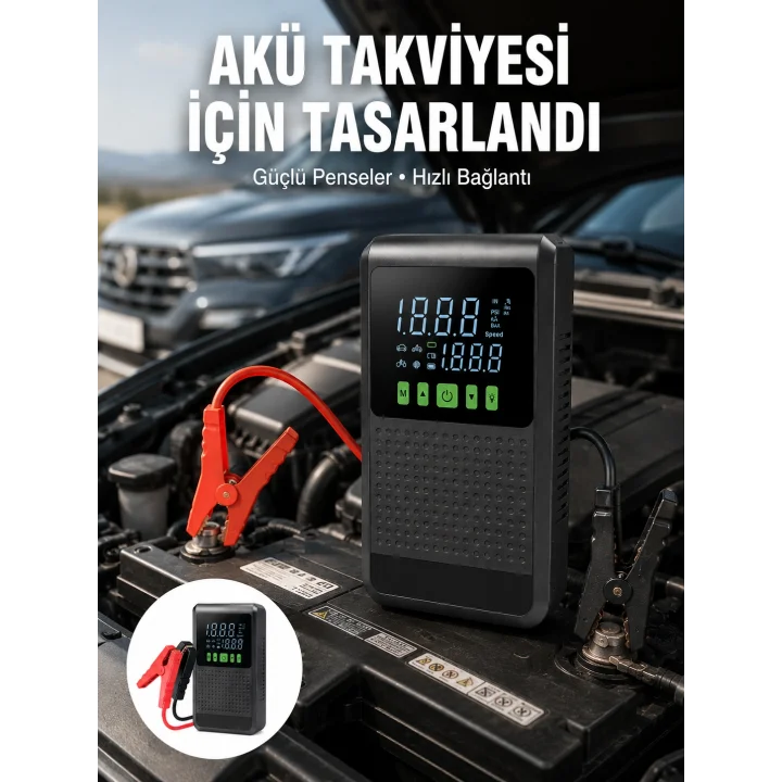 Mey İthalat® 4’ü 1 Arada Jump Starter Hava Kompresörü Powerbank ve LED Fener Yeni Nesil