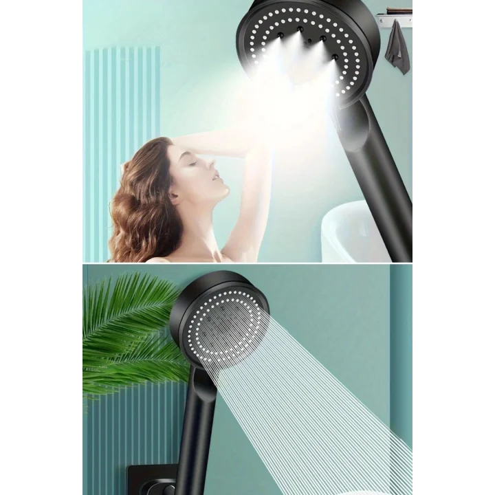 Mey İthalat®  5 Fonksiyonlu Yüksek Basınçlı Ayarlanabilir Siyah Duş Başlığı