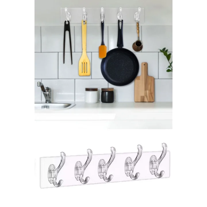 Mey İthalat®  5li Güçlü Yapışkanlı Şeffaf Duvar Askısı Banyo Mutfak Düzenleyici Pratik Askılık