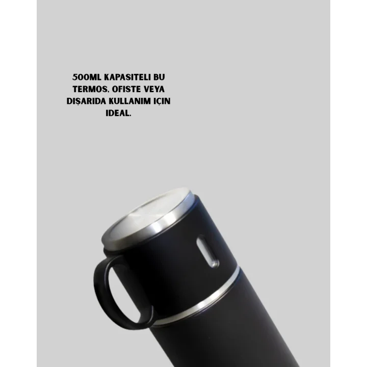 Mey İthalat® 500 ml Isı Korumalı Çelik Termos ve Bardak Seti | Silikon Tabanlı, Şık ve Pratik