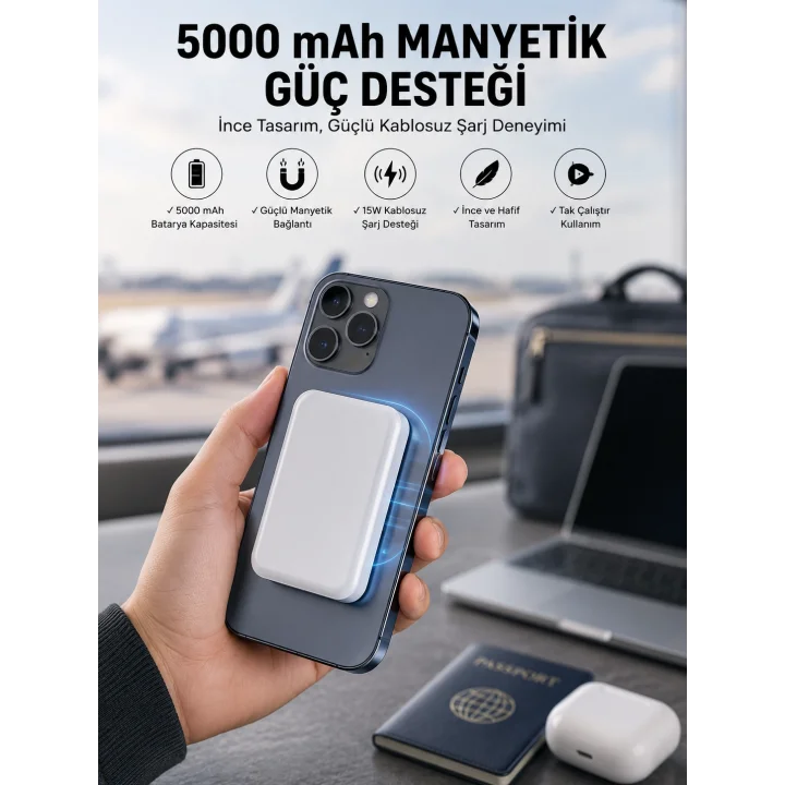Mey İthalat® 5000 Mah İOS Uyumlu Magsafe Kablosuz Şarj Hızlı Şarj Desteği