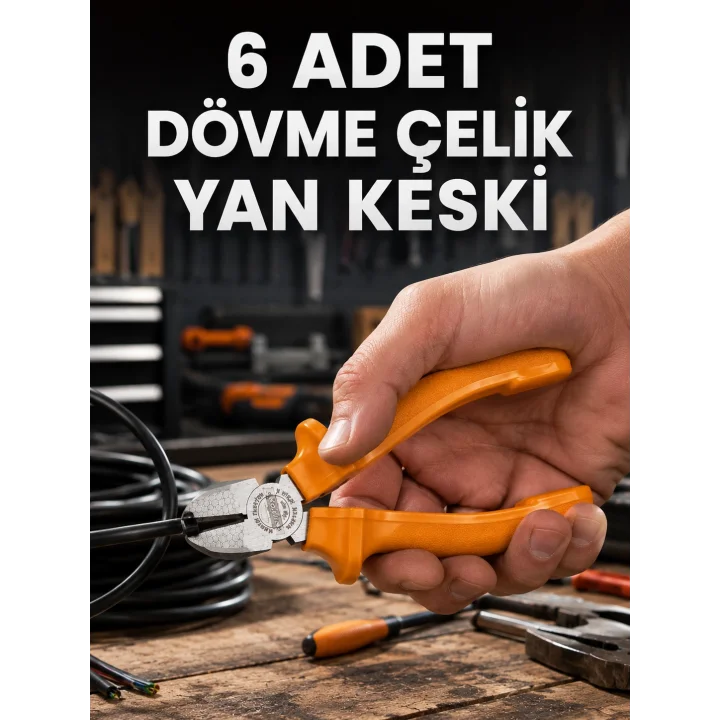 Mey İthalat® 6 Adet Dövme Çelik 160 mm Yan Keski Ergonomik Saplı Hassas Kesim El Aleti Seti