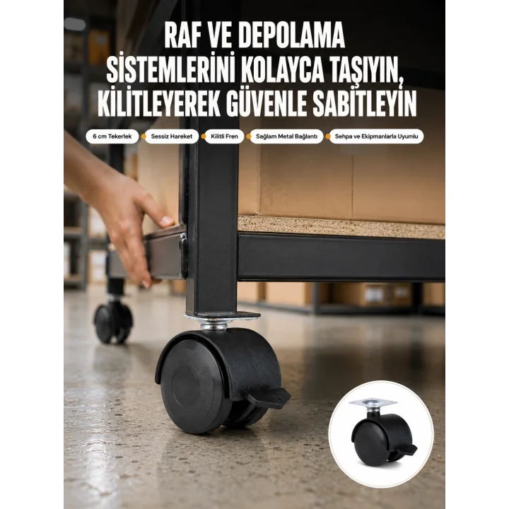 Mey İthalat® 6 cm Kilitli Tekerlek Ayak 4 Adet Sehpa ve Ekipman Uyumlu