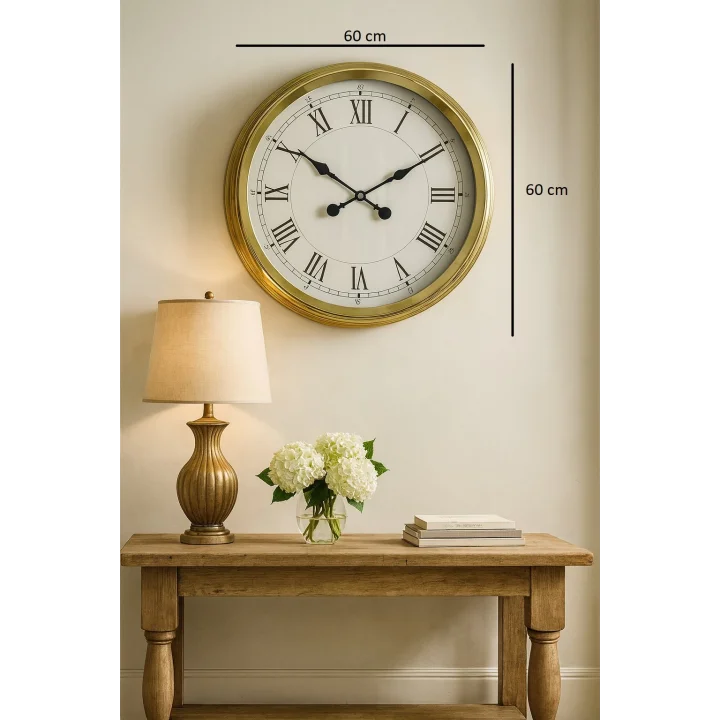 Mey İthalat® 60 cm Gold Metal Dekoratif Roma Rakamlı Duvar Saati
