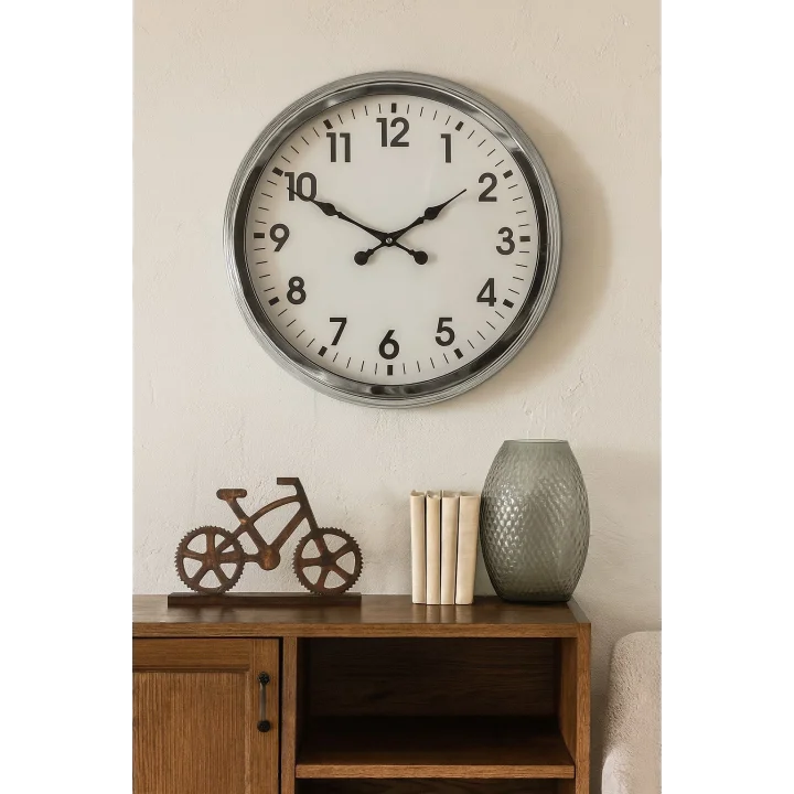 Mey İthalat® 60 cm Krom Metal Duvar Saati