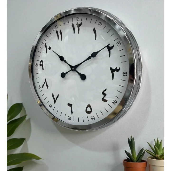 Mey İthalat® 60 cm Krom Metal Farsça Duvar Saati