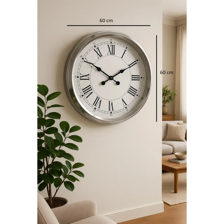 Mey İthalat® 60 cm Krom Metal Roma Rakamlı Duvar Saati