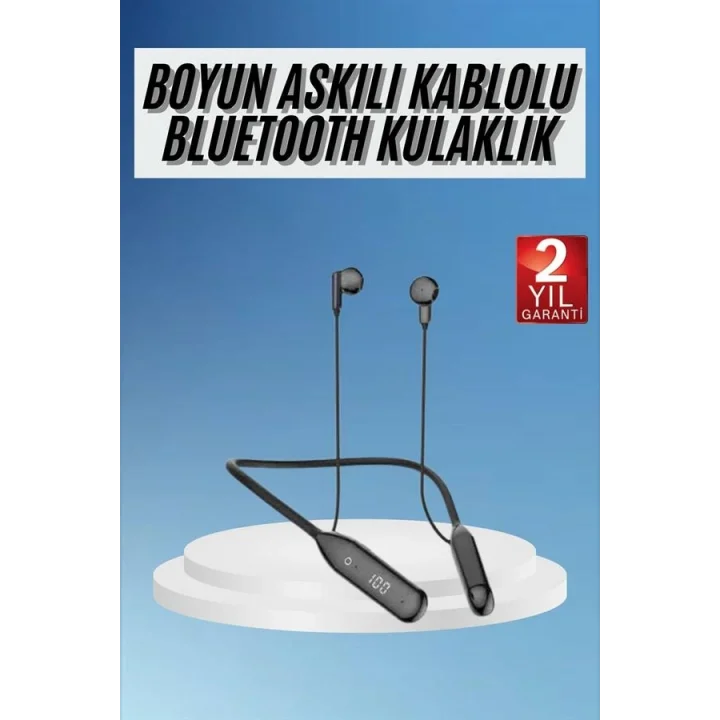 Mey İthalat® 60 Saat Kablolu Boyun Askılı Dijital Göstergeli Bluetooth Kulaklığı Yeni Nesil