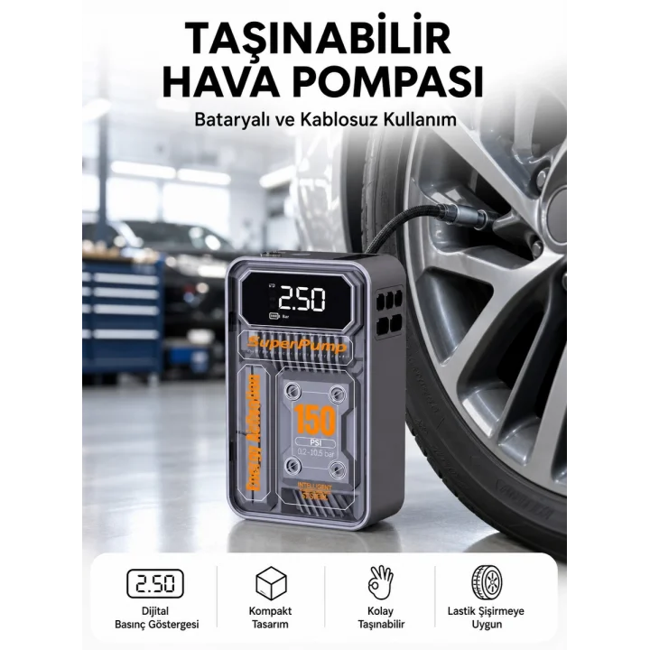 Mey İthalat® 6000mAh Bataryalı LED Ekranlı Akıllı Hava Kompresörü