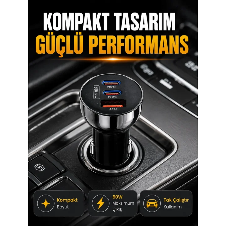 Mey İthalat® 60W Araç İçi Hızlı Şarj Adaptörü Çift USB-C PD ve USB-A QC3.0