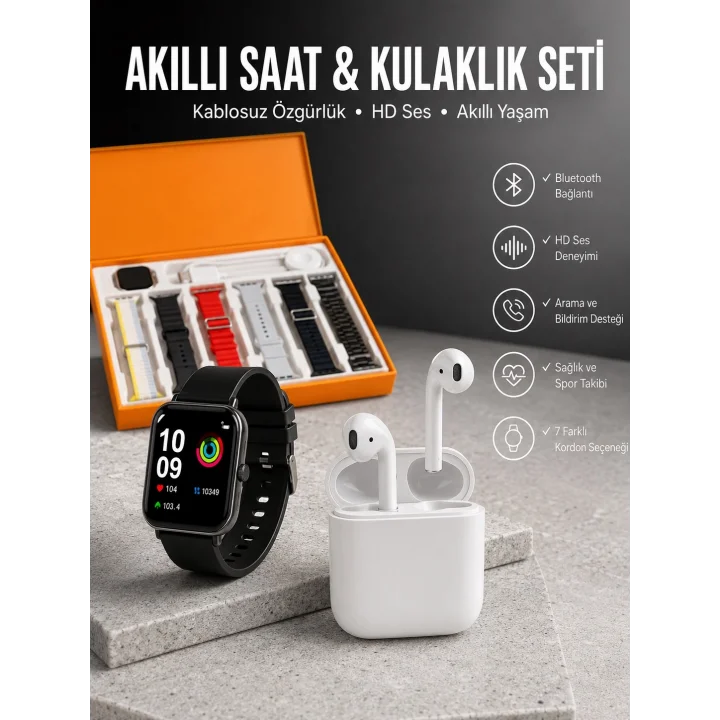 Mey İthalat® 7 Kordonlu Akıllı Saat Ve 2.Nesil Kulaklık Yüksek Ses Kaliteli Uzun Pil Ömrü